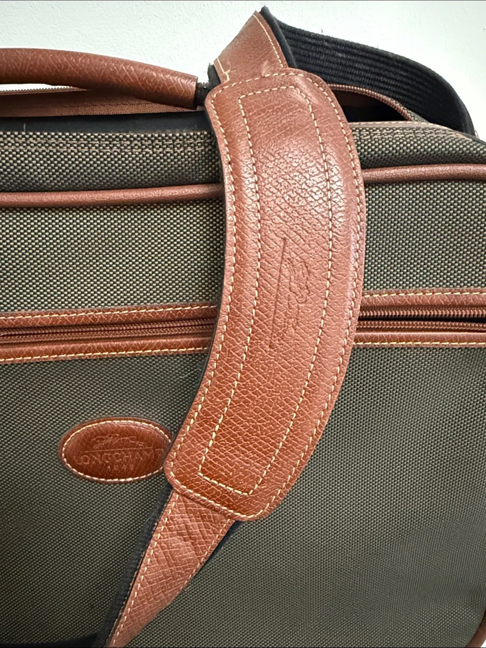 Longchamp Vintage Boxford Olive Green Canvas & Brown Leather Briefcase